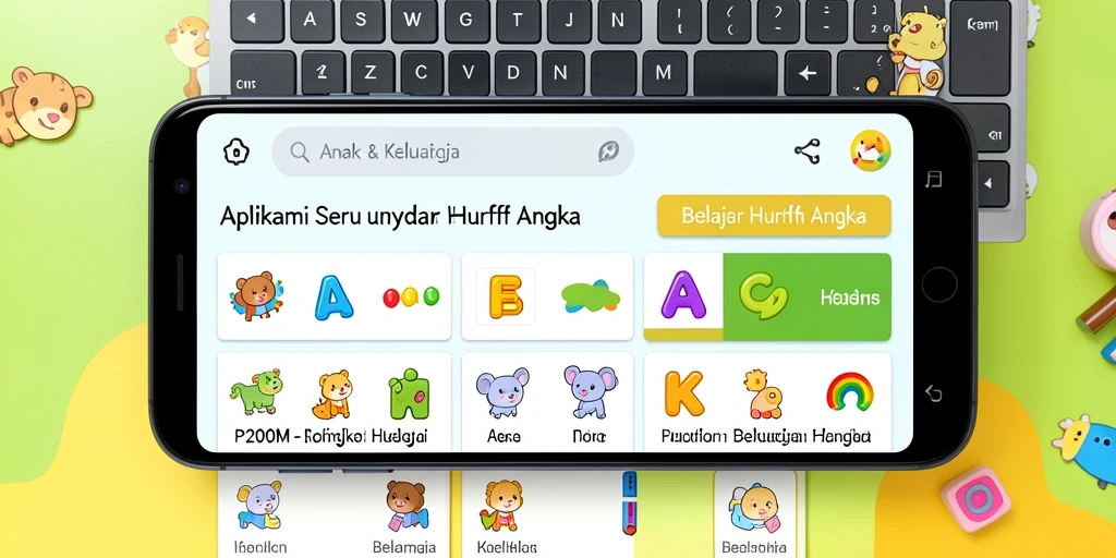 Screenshot P200M menunjukkan antarmuka belajar huruf dan angka yang menarik.